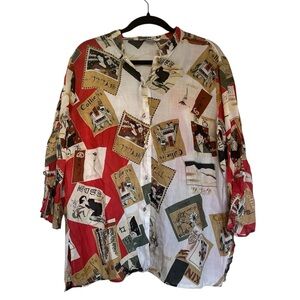 Citron Santa Monica Ramie Button Front Art Print Blouse Tunic Size XL
